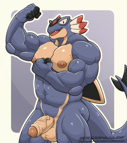 anthro anthrofied balls black_body black_eyes black_scales blue_body blue_scales border brown_glans brown_nipples chode cute_fangs erection fangs flexing foreskin genitals glans grey_background humanoid_genitalia humanoid_penis male muscular muscular_anthro muscular_male nipples nude penis pose raised_arm raised_hands scales simple_background smile smirk tan_balls tan_body tan_penis tan_scales teeth thick_penis vein veiny_muscles white_border ougon nintendo pokemon armaldo fossil_pokemon generation_3_pokemon pokemon_(species) 2026 hi_res