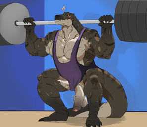 anthro balls barbell barbell_squats big_muscles big_penis blush bodily_fluids clothing erection exclamation_point exercise foreskin genitals humanoid_genitalia humanoid_penis long_foreskin long_penis male muscular muscular_anthro muscular_male partially_retracted_foreskin pecs penis penis_poking_out penis_through_leghole saggy_balls solo squats sweat sweaty_balls sweaty_genitalia tail thick_tail unretracted_foreskin wardrobe_malfunction weightlifting workout wrestling_singlet midnightsultry dinosaur prehistoric_species reptile scalie hi_res