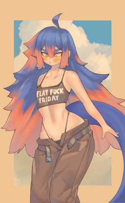 blue_hair clothing female flat_chested hair multicolored_hair navel orange_eyes pink_hair profanity solo standing tail text text_on_clothing thick_thighs wide_hips pincerpencil flat_fuck_friday meme_clothing humanoid character_request english_text hi_res meme