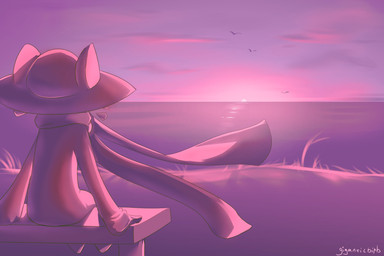 ambiguous_gender anthro bench clothed clothing cloud grass hat headgear headwear on_bench outside plant scarf seaside shirt sitting sitting_on_bench sky solo sun sunset text topwear water justbirb oneshot niko_(oneshot) ambient_bird domestic_cat felid feline felis mammal 3:2 artist_name digital_media_(artwork) hi_res krita_(artwork)