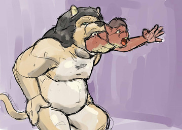 anthro belly brown_body brown_fur brown_hair brown_mane buckteeth duo feet_first forced fur green_eyes hair hand_on_hip larger_pred looking_at_viewer male male/male male_pred male_prey mane nipples nude_pred open_mouth oral_vore partially_inside purple_background reaching_out scared sharp_teeth simple_background sitting size_difference struggling struggling_prey tail tan_body tan_fur teeth tongue unwilling_prey vore white_body white_fur willing_pred jeri_kleinlowe felid lion mammal pantherine rodent sciurid tree_squirrel 2012 colored guide_lines