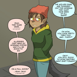 beanie biped blush bottomwear breasts brown_hair brown_nose clothed clothing dialogue female floor fully_clothed fur grey_body grey_fur hair hat headgear headwear hoodie humanoid_pointy_ears inside looking_at_another pants pointy_ears side_view snout solo speech_bubble standing tail text tile tile_floor topwear yellow_eyes frankenjade sam_(frankenjade) animal_humanoid canid canid_humanoid canine canine_humanoid canis humanoid mammal mammal_humanoid wolf wolf_humanoid 1:1 2023 absurd_res colored english_text hi_res shaded story story_in_description