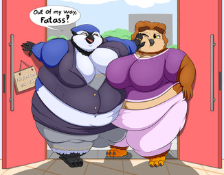 angry anthro beak belly big_belly big_breasts blue_body bottomwear breasts building cleavage clothed clothing door duo feathers feet female hand_on_face huge_breasts leaning_on_object morbidly_obese morbidly_obese_anthro morbidly_obese_female multicolored_body navel obese obese_anthro obese_female office_clothing open_door open_mouth overweight overweight_anthro overweight_female pants pushing ring_(jewelry) sign simple_background street stuck_in_door sweatpants talons text thick_thighs toes walking wide_hips wings yelling yellow_eyes grandpaced phelia avian bird blue_jay corvid jay_(bird) new_world_jay oscine owl passerine digital_media_(artwork) english_text hi_res