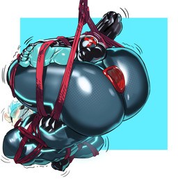5_toes annoyed anthro balls bdsm black_clothing black_latex black_skinsuit blue_hair blush bondage bound bulge buttplug clenched_teeth clothing crossed_legs detailed_bulge embarrassed feet genital_outline genitals goggles_on_face hair hands_behind_back hollow_plug humanoid_genitalia humanoid_penis latex latex_clothing latex_skinsuit male motion_lines penis penis_outline plug_(sex_toy) rear_view restraints rope rope_bondage rope_harness rope_in_mouth sex_toy simple_background skinsuit solo struggling suspension suspension_bondage teeth three-quarter_view tight_clothing toes upside_down white_face maiyabuhantang bear mammal hi_res