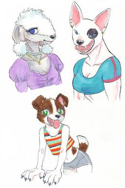 anthro black_nose blue_clothing blue_eyes bottomwear breasts brown_body brown_fur claws cleavage clothed clothing colored_nails crop_top ear_piercing ear_ring female floppy_ears fur gem green_eyes grey_body grey_fur group hair jewelry looking_at_viewer midriff nails navel necklace open_mouth pearl_(gem) pearl_necklace piercing ring_piercing shirt shorts simple_background smile tail teeth tongue tongue_out topwear trio white_background white_body white_fur kyokyota bedlington_terrier bull_terrier canid canine canis domestic_dog hunting_dog jack_russell_terrier mammal pit_bull terrier toy_dog 2021 absurd_res hi_res traditional_media_(artwork)