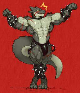 abs anthro biceps bracelet bulge collar cracked_ground flexing flexing_bicep flexing_both_biceps grey_body grey_scales jewelry male muscular muscular_anthro muscular_male pecs pose quads red_background scales scar scars_all_over sharp_teeth simple_background smile solo spiked_bracelet spiked_collar spikes teeth white_body white_scales mixterart alligator alligatorid crocodilian reptile scalie hi_res