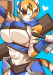 abs absurd_res anthro arknights aspirindabaitu big_breasts black_hair blonde_hair blue_background breasts clothing felid female fingerless_gloves gloves hair handwear heart_symbol hi_res hip_armor holding_object holding_sword holding_weapon hypergryph looking_at_viewer mammal melee_weapon muscular muscular_anthro muscular_female navel one_eye_closed open_mouth pantherine shield short_hair simple_background solo studio_montagne sword tiger under_boob waaifu_(arknights) weapon white_body white_hair wink yellow_body yellow_eyes