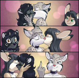 2_horns 3_panel_comic 5_fingers amber_eyes anthro anthro_on_anthro arm_markings back_markings barely_visible_breasts biped bisexual black_body black_claws black_ear_tips black_ears black_eyebrows black_fur black_hair black_markings black_tuft breasts brown_markings brown_pupils brown_spots cheek_markings cheek_tuft claws closed_smile collar collar_ring countershade_face countershade_fur countershade_neck countershade_torso countershading curved_horn dipstick_ears ear_markings ear_piercing ear_ring eye_markings eyebrow_through_hair eyebrows eyelashes eyelashes_through_hair eyes_closed facial_markings facial_tuft female female/female female_anthro finger_claws fingers flipping_viewer_off forehead_markings fur fur_markings fur_tuft gesture gesturing_at_viewer gradient_background green_eyes green_pupils grey_body grey_countershading grey_ears grey_eyes grey_fur grey_markings grey_pupils grey_tuft group hair half-closed_eyes hand_gesture hand_on_another's_cheek hand_on_another's_face hand_on_cheek hand_on_face head_markings head_tuft horn humanoid_hands inner_ear_fluff interspecies iris kiss_on_lips kissing long_hair looking_at_another looking_at_viewer male male/female male_anthro markings middle_finger monotone_hair monotone_horn mouth_closed multicolored_body multicolored_ears multicolored_fur narrowed_eyes piercing pink_nose polyamory predator/prey pupils purple_background purple_collar purple_nose ring_piercing romantic romantic_couple short_horn shoulder_markings simple_background small_horn smile smiling_at_viewer smirk smirking_at_viewer snout spots spotted_body spotted_fur spotted_markings striped_body striped_fur striped_markings stripes tan_background tan_body tan_ears tan_fur tan_horn translucent translucent_hair trio tuft white_body white_countershading white_fur white_inner_ear white_inner_ear_fluff white_markings white_sclera white_stripes white_tuft yellow_background yellow_eyes brian_mcpherson ot3_kiss_(meme) three-people_kissing_meme azail blueberry_(brian_mcpherson) noth canid canine canis chimera felid feline lagomorph leporid lynx mammal pantherine rabbit tiger wolf 2026 comic dated english_description hi_res meme multiple_scenes shaded