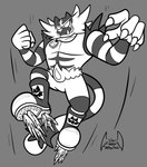 boots clothing flying footwear jewelry male pendant rocket_boots shoes solo toony soul-silver-dragon nintendo pokemon tahu_(incineroar) generation_7_pokemon incineroar pokemon_(species) absurd_res black_and_white hi_res monochrome