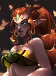 breasts cleavage clothed clothing ear_piercing ear_ring female hair humanoid_pointy_ears light_body light_skin long_hair looking_at_viewer magic_user not_furry piercing ring_piercing simple_background solo irushi000 dota valve aiushtha_the_enchantress animal_humanoid deer deer_humanoid humanoid mammal mammal_humanoid hi_res