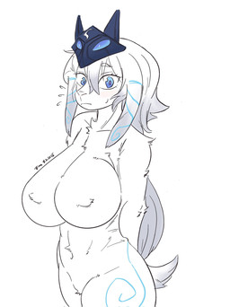 anthro big_breasts breasts curvy_figure female fluffy huge_breasts mask nipple_outline nude solo thick_thighs voluptuous voluptuous_female wearing_mask wide_hips zincx league_of_legends riot_games tencent kindred_(lol) bovid caprine mammal sheep hi_res