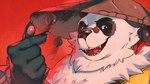 anthro black_body black_fur clothing eyewear fangs fur gesture glasses headgear headwear heart_gesture kemono male multicolored_body multicolored_fur red_background simple_background smile smiling_at_viewer solo teeth two_tone_body two_tone_fur white_body white_fur lhjal2 mihoyo zenless_zone_zero pan_yin_hu bear giant_panda mammal thiren 16:9 2025 hi_res widescreen