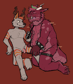 anthro bdsm duo genitals humping larger_sub leash male male/male penis petplay puppyplay roleplay simple_background size_difference submissive submissive_male openfracturesday hybrid absurd_res digital_media_(artwork) hi_res