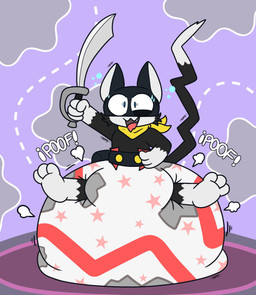 3_toes 4_fingers abstract_background ambiguous_gender anthro bag belt bent_tail big_diaper black_belt black_body black_fur black_tail bodily_fluids bubble clean_diaper clothed clothing cloud_emanata cutlass diaper diaper_puff dipstick_tail emanata feet fingers fur gloves_(marking) holding_melee_weapon holding_object holding_sword holding_weapon huge_diaper hyper_diaper kerchief leg_markings logo markings mask melee_weapon multicolored_body multicolored_fur narrowed_eyes neckerchief neckwear open_mouth shocked sitting snaggle_tooth socks_(marking) solo squint sweat sword tail tail_markings toes wavy_mouth weapon wearing_diaper wearing_mask white_body white_fur white_inner_ear white_tail_tip yellow_kerchief yellow_neckerchief hyper423 atlus megami_tensei persona_(series) persona_5 sega morgana_(persona) domestic_cat felid feline felis mammal absurd_res artist_logo hi_res signature male_(lore)