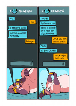 anthro belly big_belly big_butt black_hair brown_body brown_fur butt cellphone duo electronics fur hair holding_cellphone holding_object holding_phone holding_smartphone huge_belly huge_butt hyper hyper_belly hyper_butt leaf lying male message messages navel nude nude_anthro nude_male obese obese_anthro obese_male on_back on_front overweight overweight_anthro overweight_male phone ponytail smartphone text text_message texting texting_ui tied_hair username yellow_sclera ruffythelion grindr nintendo pokemon cookie_(ruffythelion) sriracha_(ruffythelion) canid canine felid generation_7_pokemon incineroar mammal pantherine pokemon_(species) raccoon_dog tanuki tiger 2026 comic english_text hi_res multiple_scenes