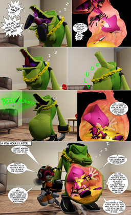 7_panel_comic abdominal_bulge accidental_vore annoyed anthro burp_cloud burping burping_up_object chain clothing dialogue electronics footwear gloves gold_(metal) gold_chain green_body green_scales group handwear headphones internal kunai male male_pred male_prey onomatopoeia orange_clothing orange_footwear orange_shoes orange_topwear orange_vest pilot_helmet purple_body purple_clothing purple_footwear purple_scales purple_shoes scales shoes sleep_eating sleeping sound_effects speech_bubble swallowing text topwear trio unwilling_prey vest vore vowelless vowelless_sound_effect weapon white_clothing white_gloves white_handwear yellow_eyes zzz vorefan16 sega sonic_the_hedgehog_(series) charmy_bee espio_the_chameleon vector_the_crocodile arthropod bee chameleon crocodile crocodilian hymenopteran insect lizard reptile scalie 2022 3d_(artwork) absurd_res digital_media_(artwork) english_text hi_res