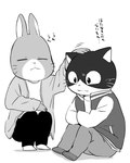 2018 4:5 anthro baitotackey black_eyes bottomwear clothing crossed_arms crouching domestic_cat duo eyes_closed felid feline felis footwear greyscale happy jacket japanese_text lagomorph leporid male mammal monochrome pants patting_head rabbit rufuta_hachitani serious shirt simple_background sitting text topwear translated uwaharu_nezazono white_background white_clothing white_shirt white_topwear working_buddies!