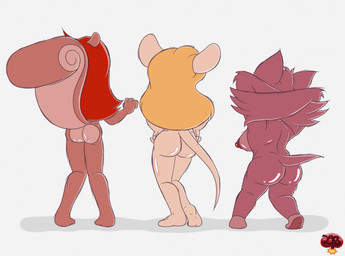 anthro areola barefoot big_breasts biped blonde_hair breasts brown_body butt feet female female_anthro fur group hair hands_behind_head logo long_hair nipples nude nude_anthro nude_female plantigrade pose rear_view red_hair shadow simple_background standing tail tan_body tasteful_nudity trio ladycherrybomba chip_'n_dale_rescue_rangers disney foxglove_(cdrr) gadget_hackwrench tammy_squirrel bat mammal mouse murid murine rodent sciurid tree_squirrel artist_logo digital_drawing_(artwork) digital_media_(artwork) flat_colors full-length_portrait hi_res portrait