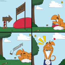 3_toes 4_fingers anthro big_feet big_tongue cartoon_gloves cheek_bulge duo eyebrows feet fingers heart_symbol long_tongue macro male male/male micro open_mouth paws prank soft_vore tail thick_tongue toes tongue toony vore wide_tongue doggydog doggydog_(character) roderick_(tamerkoh) toon_doggydog_(doggydog) canid canine canis domestic_dog lagomorph leporid mammal rabbit 1:1 absurd_res comic hi_res