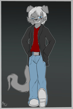 anthro biped black_background black_clothing black_jacket black_nose black_topwear blue_bottomwear blue_clothing blue_eyes blue_jeans blue_pants bottomwear cheek_tuft clothed clothing denim denim_bottomwear denim_clothing eyebrows facial_tuft floppy_ears folded_ears footwear front_view fur grey_body grey_fur grin hair hand_in_pocket jacket jeans looking_at_viewer male pants pockets pupils red_clothing red_shirt red_topwear shirt short_hair simple_background slit_pupils smile solo topwear tuft whiskers white_clothing white_footwear white_hair fuf xenos canid canine canis domestic_cat felid feline felis hybrid mammal wolf 2019 2:3 hi_res