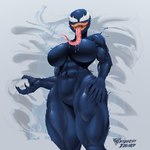 big_breasts black_body blue_body bodily_fluids breasts claws curvy_figure empty_eyes fangs female long_tongue muscular muscular_female not_furry open_mouth saliva sharp_teeth simple_background smile smiling_at_viewer solo teeth thick_thighs tongue tongue_out white_eyes byghosteduard marvel she-venom venom_(marvel) alien alien_humanoid humanoid monster symbiote 1:1 absurd_res hi_res