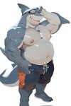 clothing eyewear fin goggles jewelry male musclegut muscular muscular_male navel necklace nipples simple_background solo standing swimming_trunks swimwear tail teeth white_background 29_hg1106 fish marine shark digital_drawing_(artwork) digital_media_(artwork) hi_res