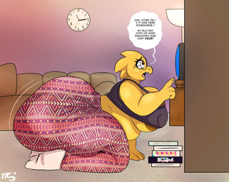 anthro areola areola_slip belly big_areola big_breasts big_butt bottomwear breasts brown_areola buckteeth butt clock clothed clothing electronics eyewear female flare_pants freckled_breasts freckled_face freckled_shoulders freckles furniture furniture_lamp glasses huge_areola huge_breasts huge_butt hyper hyper_butt kneeling nipple_outline nipples non-mammal_breasts non-mammal_nipples open_mouth overweight overweight_anthro overweight_female pants shirt sofa solo tank_top teeth television text thick_thighs tight_clothing topwear wide_hips yellow_body tuffthecat cartoon_network forbidden_pants interspecies_reviewers konosuba:_god's_blessing_on_this_wonderful_world! regular_show undertale undertale_(series) alphys lizard reptile scalie 2025 digital_media_(artwork) english_text hi_res