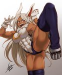 abs breasts brown_body brown_skin clothed clothing female gloves hair handwear legwear leotard muscular muscular_female muscular_humanoid quads raised_leg red_eyes solo thigh_highs white_hair airisubaka my_hero_academia rumi_usagiyama animal_humanoid humanoid lagomorph lagomorph_humanoid leporid_humanoid mammal mammal_humanoid rabbit_humanoid 2020 absurd_res hi_res