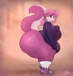 abstract_background anthro big_butt blush bottomless butt clothed clothing eyewear footwear fur glasses hair huge_butt huge_thighs looking_at_viewer oversized_clothing oversized_sleeves pink_body pink_fur pink_hair ponytail raised_tail shoes shy side_view sneakers socks solo standing sweater tail thick_thighs topwear conditional_dnp mittsies clara_(toby_art) mammal mephitid skunk 2023 digital_drawing_(artwork) digital_media_(artwork) hi_res signature