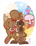 accessory anthro areola balls bodily_fluids bow_(feature) bow_tie breasts brown_body brown_fur brown_hair candy candy_cane dessert duo erection eyes_closed female food fur genitals gingerbread_man hair hair_accessory hairclip ice_cream kneeling long_hair male multicolored_hair navel nipples nude outside penis pubes smile sprinkles standing stripes sweat tattoo text white_hair pastel_please hollandworks bonbon_(hollandworks) lagomorph leporid mammal rabbit 2014 english_text