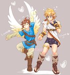 blonde_hair blue_eyes boots brown_hair bulge clothing cosplay crossover_cosplay duo feathered_wings feathers footwear hair heart_symbol humanoid_pointy_ears light_body light_skin male not_furry open_mouth open_smile pointy_ears sandals shoes simple_background smile wings soft_sizzle breath_of_the_wild kid_icarus nintendo the_legend_of_zelda link pit_(kid_icarus) angel elf humanoid hylian 2020 crossover hi_res signature