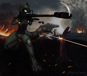 angry anthro biped cloud detailed_background digitigrade fire grey_sky gun holding_object holding_weapon machine open_mouth outside plant rain_drops raining ranged_weapon rifle shell_(projectile) sky skyscape smoke sniper_rifle solo tail tree weapon alchesmity conditional_dnp protogen full-length_portrait portrait shaded signature