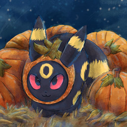 :3 ambiguous_gender black_body black_fur clothing curled_up feral food for_a_head fruit fur fur_markings headgear headwear loaf looking_at_viewer lying markings moon night on_front plant pumpkin pumpkin_head red_eyes smile solo star text yellow_body yellow_fur catptapathy nintendo pokemon eeveelution generation_2_pokemon object_head pokemon_(species) umbreon 1:1 artist_name hi_res