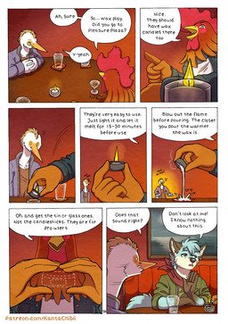 5_fingers anthro bar beverage black_nose blue_body blue_fur bodily_fluids candle clothed clothed_anthro clothed_male clothing dialogue feathers fingers fur glass group humanoid_hands kerchief male multicolored_body multicolored_fur neckerchief neckwear page_number pouring_wax red_body red_feathers shirt speech_bubble sweat text topwear trio two_tone_body two_tone_fur wax white_body white_feathers white_fur kantachibli benedict_(kantachibli) blue_(kantachibli) phillip_(kantachibli) avian bird canid canine chicken fox galliform heron mammal pelecaniform phasianid comic english_text hi_res url
