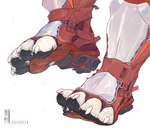 2023 4_toes ambiguous_gender anthro armor claws clothing digital_media_(artwork) english_text feet foot_focus footwear furgonomic_footwear furgonomics greaves hi_res moxuan_zhang pawpads plantigrade solo text toes