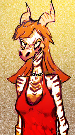 abstract_background anthro black_body black_scales breasts clothing cocktail_dress dress evil_grin female grin hair horn long_hair looking_at_viewer markings open_mouth orange_hair scales simple_background skinny smile solo striped_markings stripes white_body white_scales yellow_eyes bittertooth mythology dragon mythological_creature mythological_scalie scalie 2015