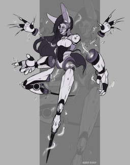 armor claws cybernetics detachable detachable_limbs electricity female floating floating_hands floating_limbs levitating machine multi_arm multi_limb multiple_hands simple_background solo spikes fleet-foot android lagomorph leporid mammal rabbit robot absurd_res digital_media_(artwork) full-length_portrait hi_res portrait