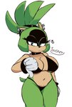 accessory anthro big_breasts bikini black_bikini black_body black_clothing black_fur black_nose black_swimwear blue_eyes bracelet breasts clothing collar countershade_face countershading cross-popping_vein dialogue ear_piercing eyelashes facial_markings female fur gesture gloves green_body green_fur hair hair_accessory hair_tie hand_gesture handwear head_markings jewelry looking_at_viewer markings piercing simple_background solo speech_bubble spiked_collar spikes studded_hair_tie swimwear talking_to_viewer tan_body tan_fur text thick_thighs thumbs_down tied_hair two-piece_swimsuit white_background white_clothing white_gloves white_handwear wide_hips supergal64 idw_publishing sega sonic_the_hedgehog_(comics) sonic_the_hedgehog_(idw) sonic_the_hedgehog_(series) surge_the_tenrec afrosoricid mammal tenrec absurd_res hi_res