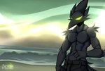 abs anthro arm_tuft beach beak big_muscles black_body black_bottomwear black_clothing black_fur black_hair black_jeans black_pants bottomwear chest_tuft clothed clothing cloud day denim denim_bottomwear denim_clothing detailed_background empty_eyes featureless_chest fingers front_view fur glowing glowing_eyes green_eyes hair jeans male muscular muscular_anthro muscular_male navel outside pants pecs sand seaside shoulder_tuft solo standing tail topless tuft phosphoruscrow ryze_(phosphoruscrow) avian bird corvid corvus_(genus) crow oscine passerine 2023 digital_media_(artwork) half-length_portrait hi_res portrait shaded signature soft_shading watermark