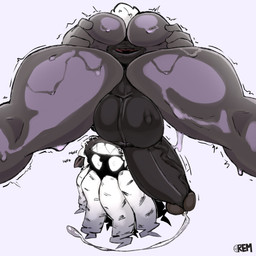 anthro anus balls black_balls black_body black_penis bodily_fluids butt dreadlocks fur genital_fluids genitals hair male nude penis presenting presenting_anus presenting_hindquarters puffy_anus retracted_balls scrotum_flap sharp_teeth smile solo spread_butt spreading sweat sweaty_butt tail teeth thick_thighs vein veiny_penis white_hair remiman fan_character 1:1 absurd_res hi_res