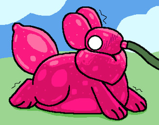 ambiguous_gender anthro balloon blush blush_lines glistening glistening_body hose hose_in_mouth hose_inflation inflatable inflated_belly inflation liquid_inflation lying on_front outside solo surprised translucent translucent_body water_inflation squeakitties animate_inanimate living_balloon living_inflatable