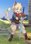 2020 absurd_res anthro clothing cubboard felid hi_res looking_at_viewer male mammal melee_weapon open_mouth outside solo standing sword weapon young young_anthro young_male