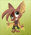 3_toes 4_fingers anthro barefoot bat big_ears big_eyes biped black_nose bottomwear breasts brown_body brown_fur claws clothing digital_media_(artwork) dingbat dingbat_(character) feet female fingers front_view full-length_portrait fur gradient_background green_eyes hair looking_up mammal membrane_(anatomy) membranous_wings navel outline pants portrait shirt_logo shorts simple_background smile solo standing tan_body tan_fur tan_hair toe_claws toes toony wings