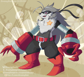 ambiguous_gender anthro belt bottomwear clothing cybernetic_arm cybernetic_limb footwear fur grey_body grey_fur grey_hair hair mask mechanical_arm open_mouth pants red_eyes shoes solo star teeth white_body white_fur zipper dreamyboogrem bandai_namco digimon digimon_beatbreak digimon_(species) wolvermon 2026 absurd_res digital_media_(artwork) hi_res