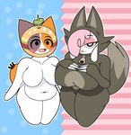 anthro belly big_belly big_breasts blush bodysuit breasts brown_body canon_couple clothed clothing costume duo female female/female flustered furry_wearing_fursuit fursuit hair hand_on_breast looking_at_viewer open_mouth orange_body pink_hair side_by_side skinsuit tight_clothing white_body zipper thespeedyraisin chikn_nuggit cheezborger_(chikn_nuggit) cofi_(chikn_nuggit) bovid calico_cat caprine domestic_cat felid feline felis mammal sheep 2024 absurd_res digital_media_(artwork) hi_res