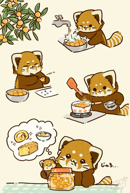 :3 biped black_eyes black_nose brown_body chibi cooking dot_eyes feral food fruit holding_object holding_plushie kemono one_eye_closed plant plushie simple_eyes solo water shi_nominmin ailurid mammal red_panda 2024 hi_res