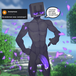abs annoyed athletic athletic_male balls big_balls big_penis black_body black_skin bodily_fluids dialogue dripping facial_markings genital_fluids genitals gesture glans hand_gesture head_markings humanoid_genitalia humanoid_penis looking_at_viewer male markings not_furry nude outside particles penis pointing pointing_at_penis precum precum_drip profanity purple_eyes purple_penis solo speech_bubble square_(anatomy) square_head standing text vein veiny_penis deuzion microsoft minecraft mojang xbox_game_studios lykan_(endertwinks) enderman humanoid 1:1 absurd_res english_text hi_res