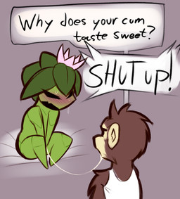 anthro blush bodily_fluids cum cum_string dialogue duo genital_fluids humor male male/male plant question speech_bubble text jarnqk chucklefish starbound nelu_(jarnqk) elemental_creature elemental_humanoid flora_fauna floran haplorhine humanoid mammal monkey plant_humanoid primate 2023 digital_media_(artwork) english_text hi_res
