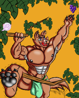 3_toes 4_fingers abs anthro armpit_hair big_bulge big_muscles big_pecs black_pawpads body_hair brown_body brown_fur bulge claws climbing_tree clothed clothing countershading detailed_bulge feet fingers food fruit fruit_tree fur genital_outline grape green_clothing green_jockstrap green_underwear holding_branch huge_pecs jockstrap jockstrap_only licking licking_lips licking_own_lips logo male muscular muscular_anthro muscular_male nipples orange_background pawpads pecs penis_outline plant reaching_for_object reflection_in_eyes simple_background solo tail tail_motion tailwag toe_claws toes tongue tongue_out topless tree tremble_lines underwear underwear_only vein veiny_muscles white_body white_body_hair white_countershading vektorthedrakat(artist) aesop's_fables monica's_gang the_fox_and_the_grapes mcfox_(monica's_gang) canid canine fox mammal 2021 artist_logo digital_drawing_(artwork) digital_media_(artwork) hi_res portuguese_description