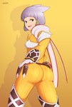 big_butt butt clothed clothing facial_markings female fully_clothed hand_on_butt head_markings looking_back markings open_mouth open_smile simple_background smile solo yellow_background yellow_clothing yellow_eyes lackatask xenoblade_(series) xenoblade_chronicles xenoblade_chronicles_2 nia_(xenoblade) animal_humanoid blade_(xenoblade) cat_humanoid felid felid_humanoid feline feline_humanoid gormotti humanoid mammal mammal_humanoid absurd_res hi_res